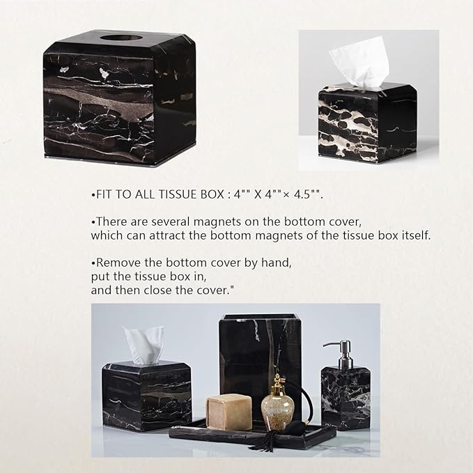 Black Marble Tissue Box Cover for Bathroom, Natural Waterproof Facial Tissue Box, Elegant Square Luxury Heavy Duty Napkin Holder, Toilet Paper Holder for Home Decor, Nightstand, Living Room, Toilet