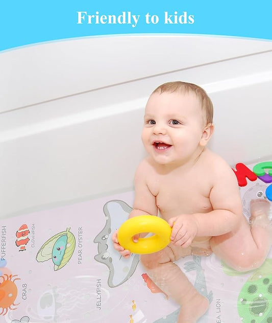 Bath Mat for Tub Non Slip, Machine Washable Anti-Slip Cartoon Baby Bathtub Shower Mat with Drain Holes and Suction Cups for Toddler & Kids, 40 Inch x 16 Inch, Pink Sea Animals