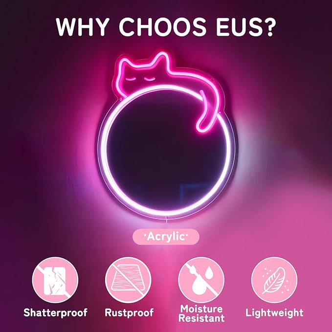 Pink Cat Neon Light Acrylic Mirror, Dimmable Circle Wall Decor with USB Power, Shatterproof Unbreakable for Girls Kids Bedroom
