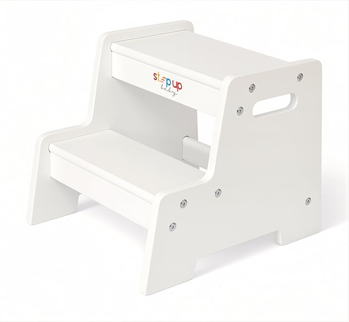 Stepup Baby Wooden Step Stool for Kids White – 2-Step Toddler Stool with Handles, Birch Plywood, Anti-Tip Base & Rounded Corners – Bathroom Sink & Countertop Step Stool