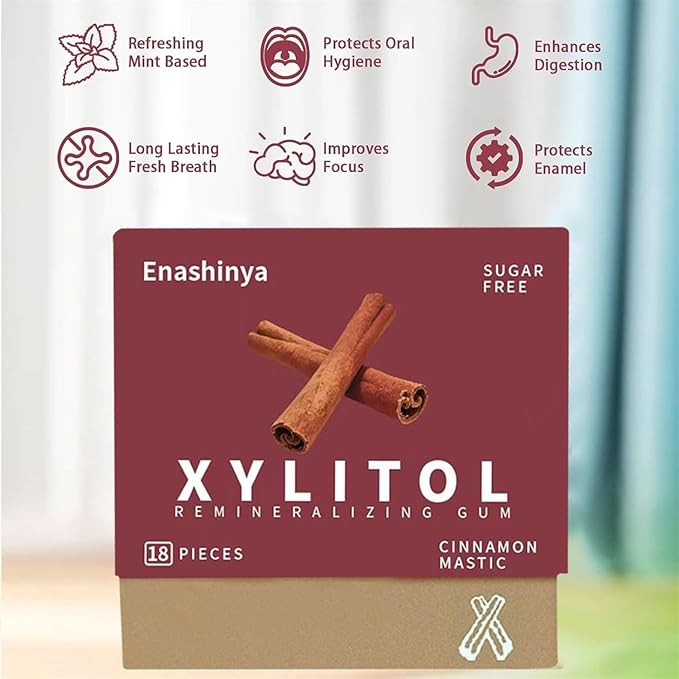 Enashinya Remineralizing Chewing Gum，Organic Mastic Cinnamon Flavor - Remineralizing Chewing Gum with Xylitol，Sugar-Free, Fresh Breath for Enamel Care Teeth & Oral Health （3 Boxes）