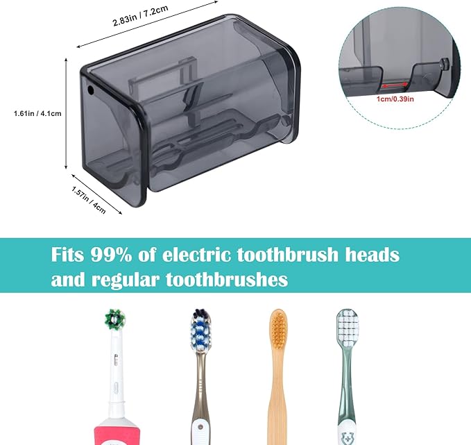2 PCS Toothbrush Holders Wall Mounted with Cover, Electric Tooth Brushing Holder for Bathroom, 2 Slots Self Adhesive Toothbrush Organizer for Family, Kids (2, Transparent Black)