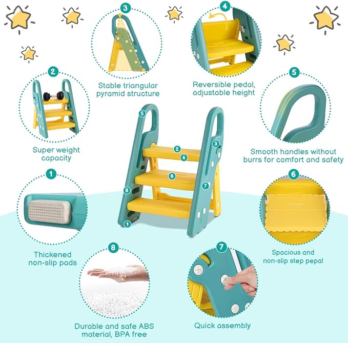 Onasti Foldable Toddler Step Stool for Bathroom Sink, Adjustable 3 Step Stool for Kids Toilet Potty Training Stool with Handles, Child Kitchen Counter Stool Helper, Plastic Ladder for Toddlers Green