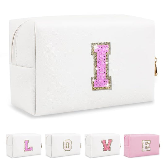 Small Initial Patch Makeup Bag Personalized Gifts Make Up Bag,White Cute PU Leather Glitter Letter Cosmetic Bag with Zipper,Trendy Portable Travel Toiletry Pouch,Preppy Stuff for Teen Girls Women I