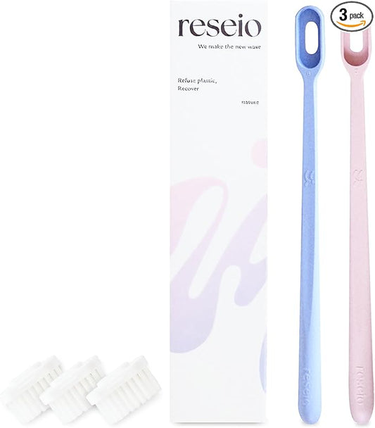 Reseio Eco Toothbrush Set with 3 Replaceable HeadsㅣSoft BristlesㅣPlastic-FreeㅣBPA-FreeㅣSustainable Oral CareㅣTravel Pouch Included - Pink