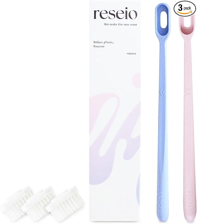 Reseio Eco Toothbrush Set with 3 Replaceable HeadsㅣSoft BristlesㅣPlastic-FreeㅣBPA-FreeㅣSustainable Oral CareㅣTravel Pouch Included - Blue