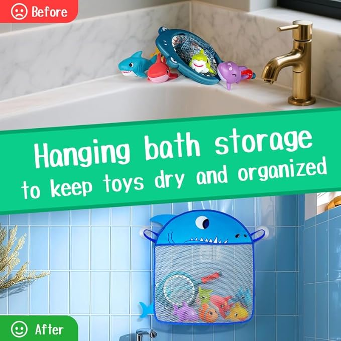 No Hole Bath Toys for Kids - Shark Bath Toys Set with Bath Net & Storage - Floating Toys for Water Pool Shower