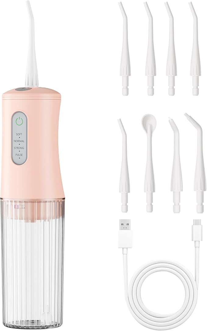 Cordless Water Flosser for Teeth Cleaning Pick - Electric Dental Irrigator with 4 Cleaning Modes & 8 Jet Tips, IPX7 Waterproof, Portable Rechargeable Design for Home & Travel Use, Pink