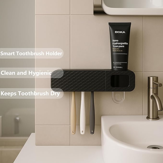 Smart Toothbrush Holder, Wall Mounted Toothbrush Holder with Toothpaste Dispenser, Drying Function and 3 Toothbrush Slots for Bathroom (Black)