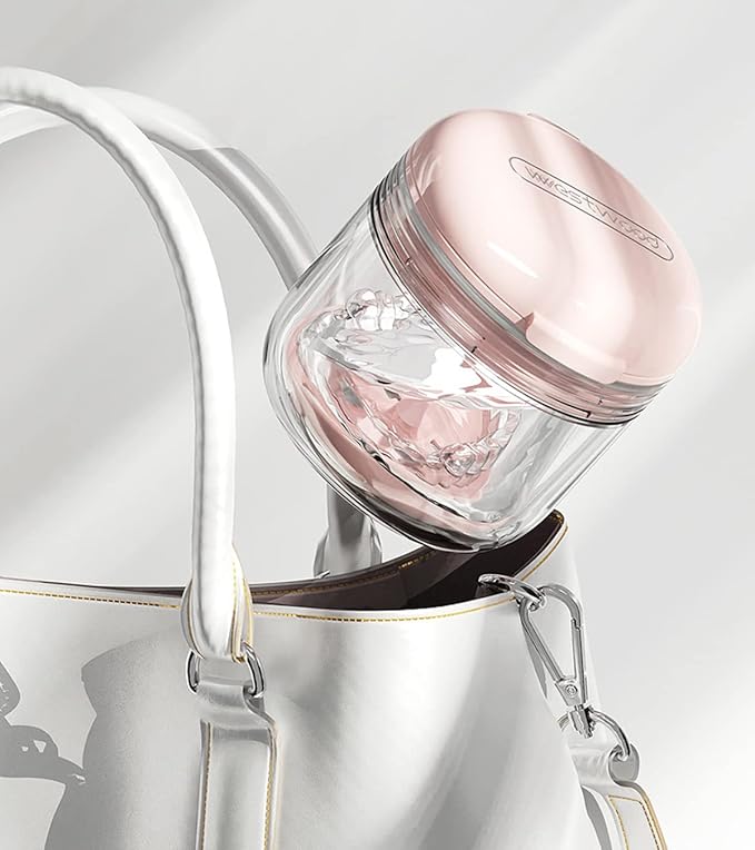 MURRI&MURRDI Denture Bath Case Holder with Mirror & Strainer Basket, Retainer Mouth Guard Soak Container Box, Braces Cleaner Cup, Travel Cleaning Storage for Invisalign Aligners Dental, Dark Blue