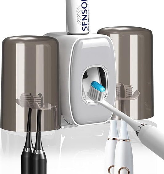 WAYCOM Toothpaste Dispenser Bathroom Accessories, 2 Cups Toothbrush Holder Wall Mounted Bathroom Decor Smart Home Products Tooth Brushing Holder with Automatic Toothpaste Dispenser Bathroom Organizer