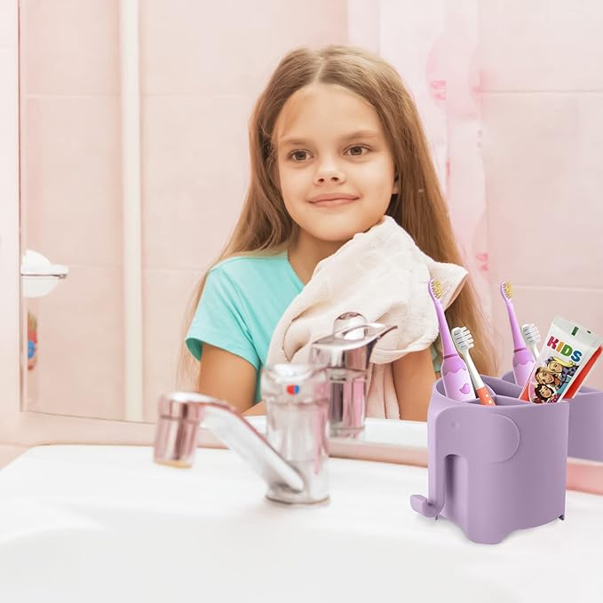 RyanLemon Elephant Toothbrush Holder for Toddler, Suction Cup Cute Toothbrush Holder for Kids, for Bathroom, with 3 Slots and 1 Hook, Light Purple