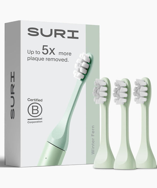 SURI Recyclable Plant-Based, Electric Toothbrush Heads - Built-in Tongue Scraper, Long Lasting Replacement Heads | Compatible Only Sonic Electric Toothbrush - Winter Fern, Pack of 3