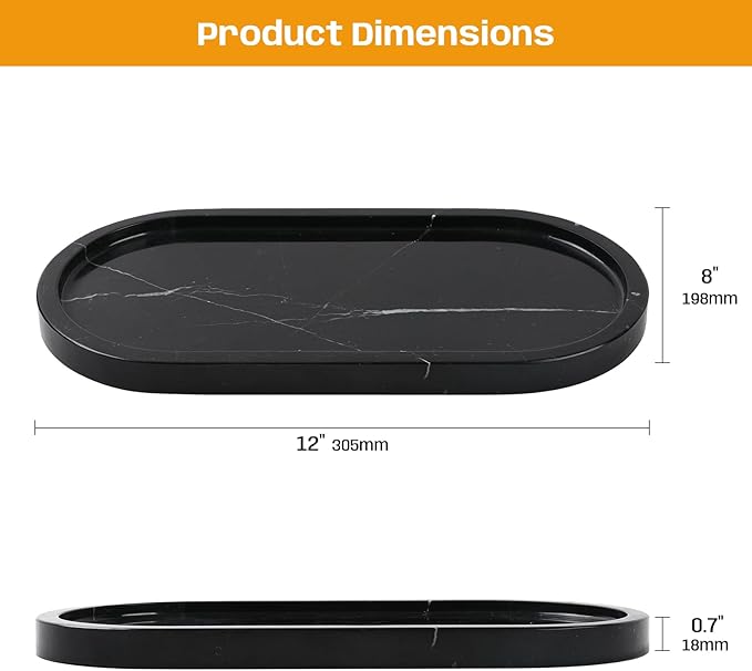 Adolif 2Pcs Black Marble Vanity Tray, Oval Marble Tray for Bathroom Storage Home Decor, 12 x 6 Inch