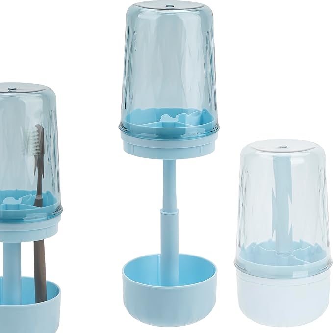 Toothbrush Holder Stand with Cup/Cover, Adjustable Height Toothbrush Organizer with 3 Slots, Portable for Bathroom, Travel, Camping (Blue)