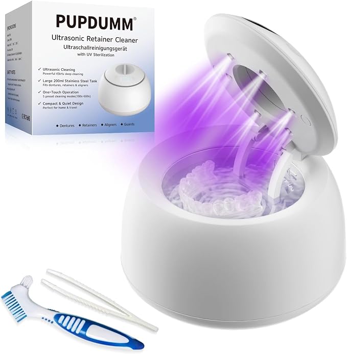 Ultrasonic Retainer Cleaner Machine, 45kHz & 200ML Dental Cleaning Pod for Dentures, Aligners, Mouth Guards, Braces, Toothbrushes & Jewelry, Ultrasonic Cleaner with Digital Timer