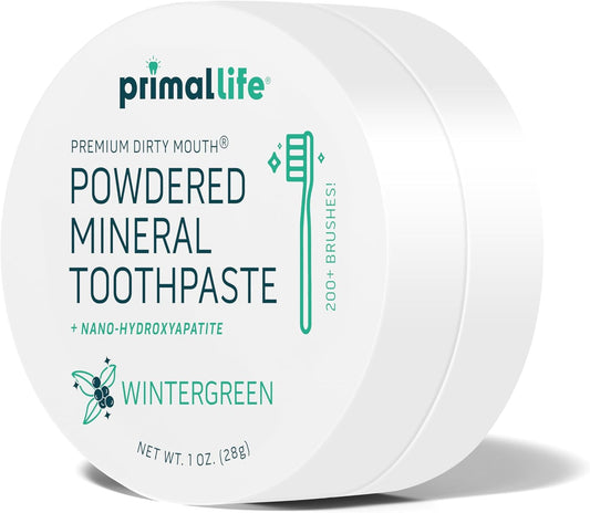 Primal Life Organics - Dirty Mouth Toothpowder, Tooth Cleaning Powder, Flavored Essential Oils with Natural Kaolin & Bentonite Clay, Good for 200+ Brushings, Organic, Vegan (Wintergreen, 1 oz)