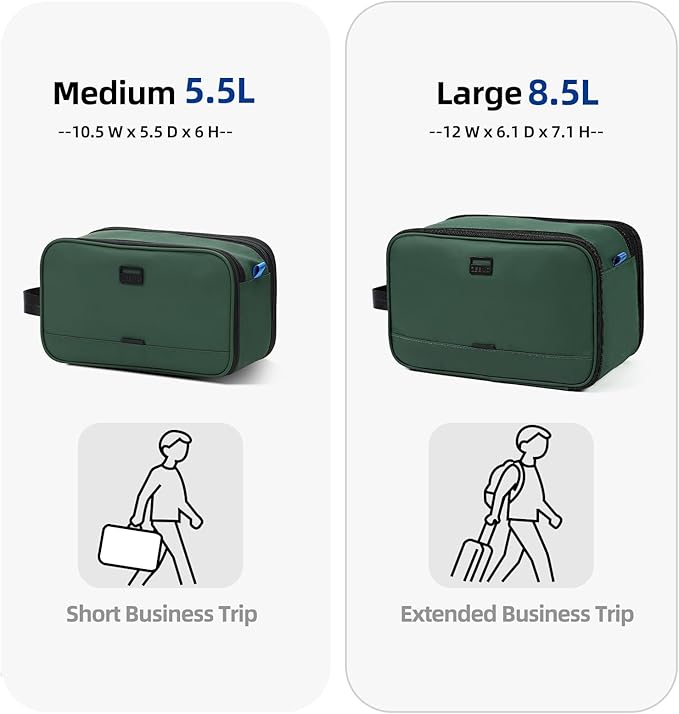 ZEEMO Travel Toiletry Bag for Men, Medium Water-Resistant Double-Sided Full-Open Dopp Kit, Versatile Organizer for Shower and Hygiene Accessories, Bathroom Essentials, Cosmetics, Large, Green