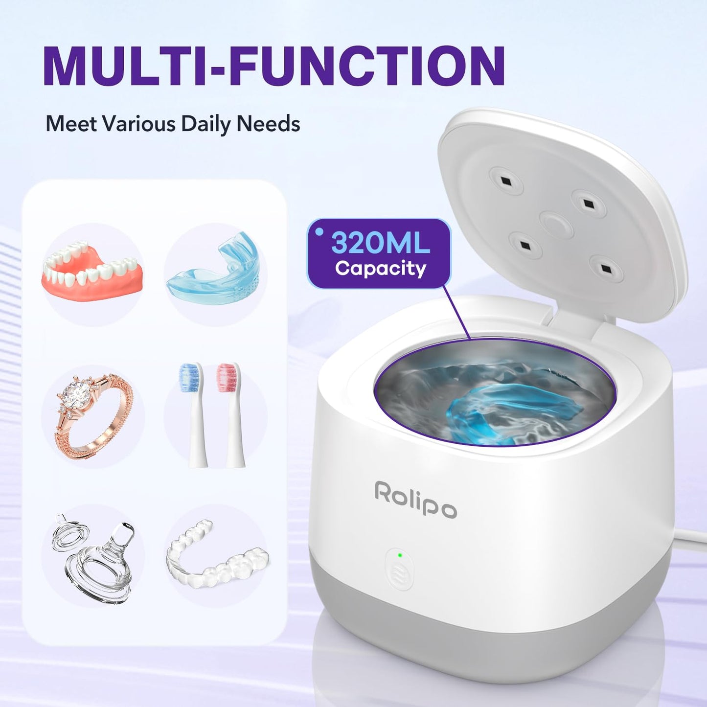 Ultrasonic Retainer Cleaner 320ML, 45kHz Denture Cleaner with 4 Lamps, Dental Cleaning Pod for Mouth Guard, Aligner, Braces, Toothbrush Head, Jewelry