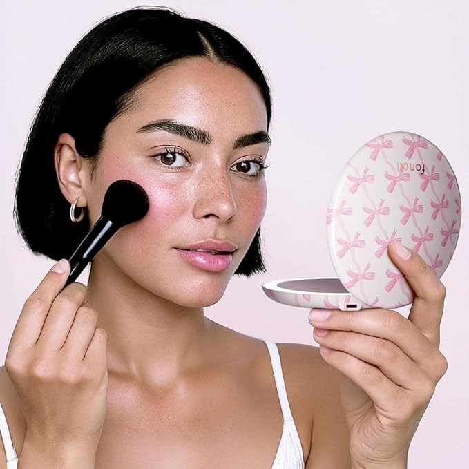 Fancii Taylor LED Lighted Travel Makeup Mirror, Rechargeable, 10x /1x Magnifying, Tru-Glow Lighting System, XL Large 5” Wide | Compact Mirror for Purses (Rosette Ribbon)