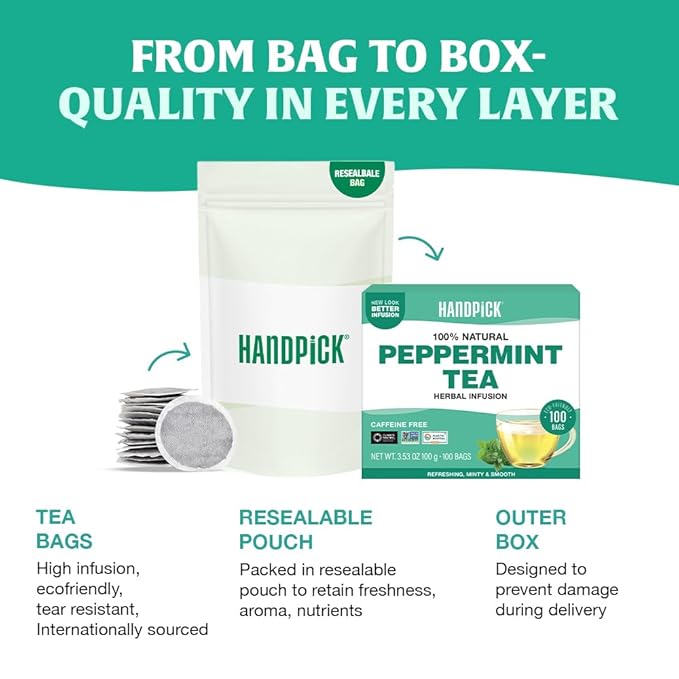 HANDPICK, Peppermint Tea, Eco-Conscious Tea Bags - 100 Count | Caffeine Free, Non-GMO | Minty, Fresh & Cool flavor | Direct From Source