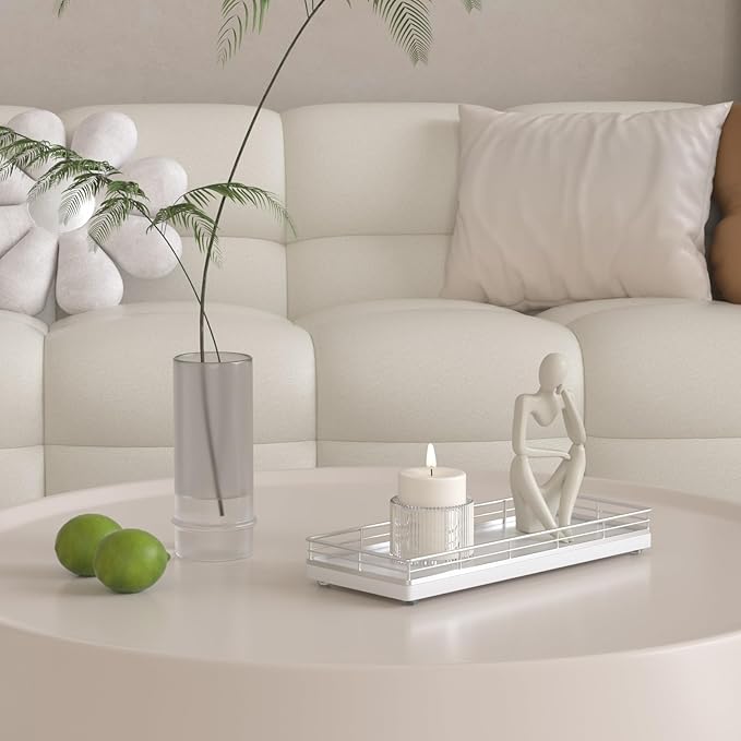 Bathroom Tray for Counter, Oak Wooden 11.2" L Vanity Tray for Jewelry Candle Makeup Perfume, Holder for Coffee Table Decor Bar Silver