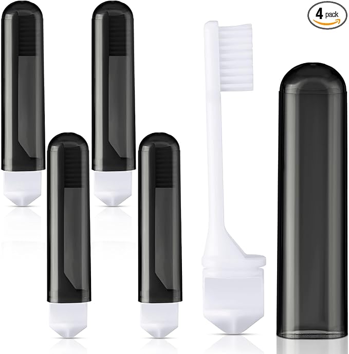 Patelai 4 Pieces Travel Toothbrush Set, Soft Bristle Mini Foldable Tooth Brush with Case, Individually Wrapped Small Portable Travel Size Toiletries Stuff for Camping (Black)
