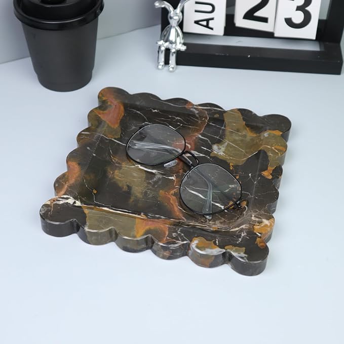 Square Marble Decorative Tray with Scalloped Edge, Luxury Natural Stone Bathroom Vanity Tray, Dresser Top Perfume Coffee Home Kitchen Sink Tray, Key Trinket Ring