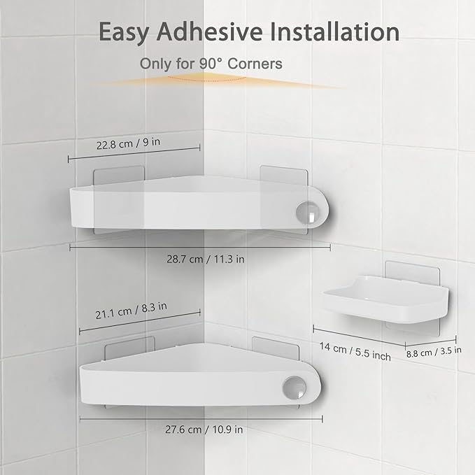 Sotfamily Shower Caddy Corner, Adhesive Corner Shower Shelves for Bathroom Organizers and Storage, Rust Free Plastic Rack for Bathroom Accessories & Decor, 2 Pack + Soap Dish, White