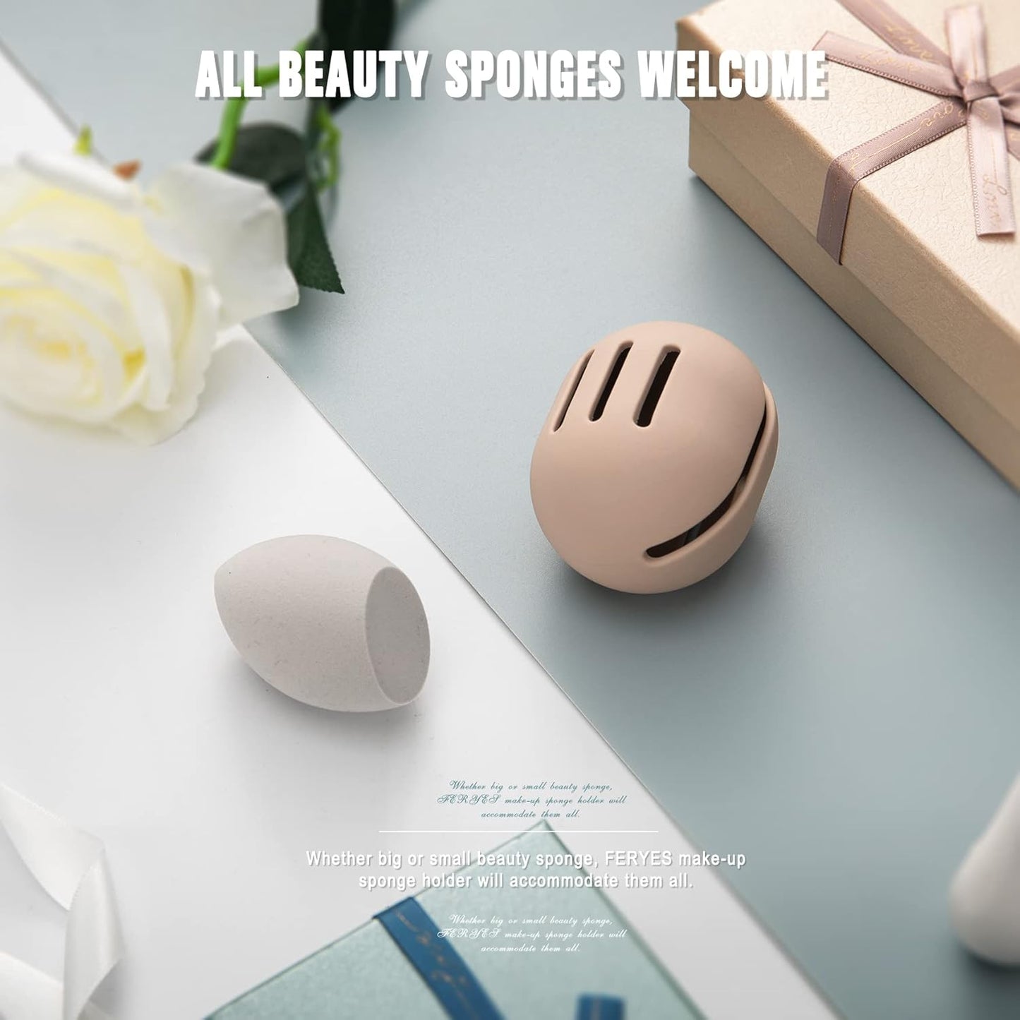 FERYES Makeup Sponge Holder with Makeup Sponge– Eco-Friendly Silicone Beauty Make Up Blender Case and Dry & Wet Use Foundation Sponge for Travel - Khaki (MS Khaki)