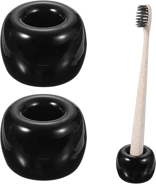 uxcell 2 Pcs Mini Ceramics Toothbrush Holder Stands, Sleek Mini Countertop Toothbrush Round Shape Ceramic Holder Stand for Bathroom Vanity Countertops, Black