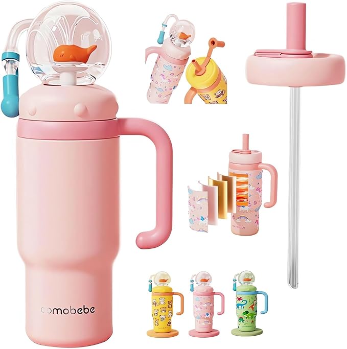 Stainless Steel Whale Fountain Tumbler with Handle 2025 Drinking Cup with Whale Squirt Insulated Travel Tumblers Kids Weighted Sippy Cup No Spill Cute Water Bottle with Lids and Straws Leak Proof (A5)