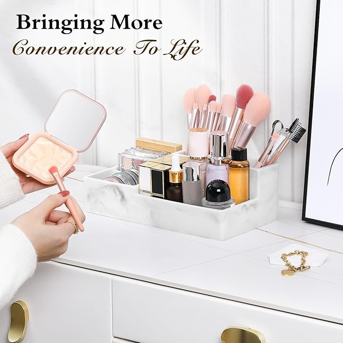 Luxspire Bathroom Counter Organizer, Marble Toothbrush Holder for Bathroom 6 Slot, Bathroom Vanity Organizer with Lid, Bathroom Organizer Countertop for Cotton Ball, Q-Tips, Floss, Gravel White