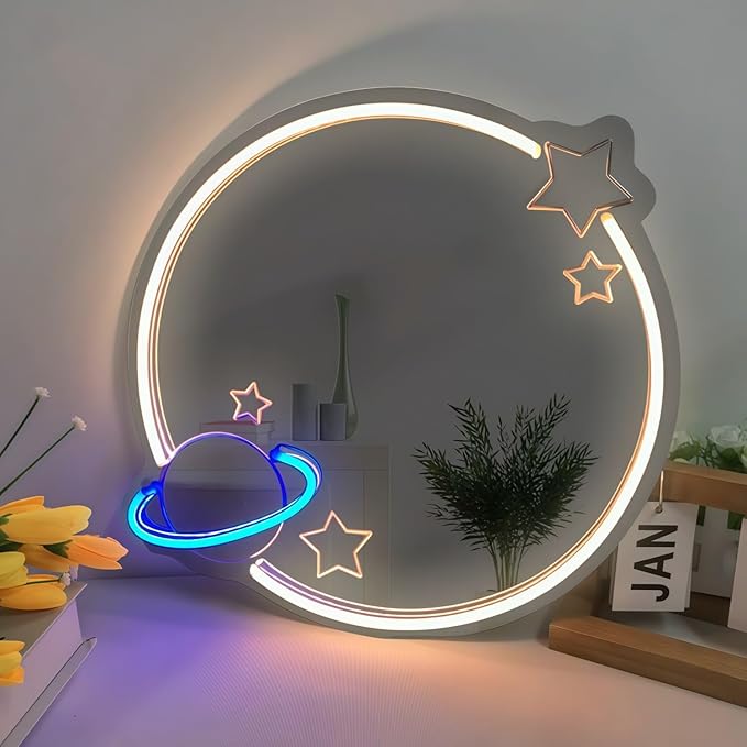 LED Mirror Neon Lights Light Up Dressing Mirror Cat/Shine Heart/Bat/Butterfly Shape Neon Mirror Sign for Modern Home Girl Room Bathroom Salon Wall Art Decor Gift For Girlfriend USB Powered