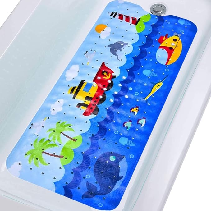 Baby Bath Mat for Tub Non Slip Kids Bathtub Mat Extra Long 40X16 Inch Toddler Bath Tub Shower Mat Anti Slip with Suction Cups & Drain Holes, Machine Washable, Ships