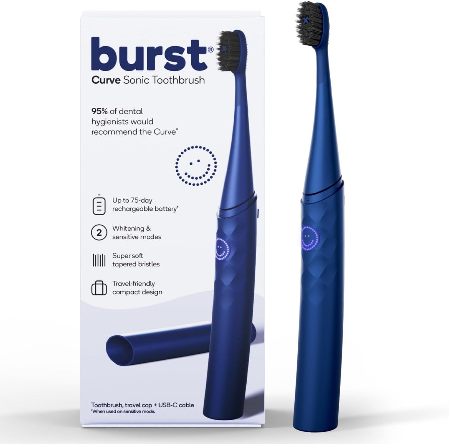 Burst Curve Sonic Electric Toothbrush for Adults (Cobalt Blue) | Slim Travel Brush with Cover | Ultra Soft Bristles | Up to 2 Month Rechargeable Battery | Two Modes & Timer
