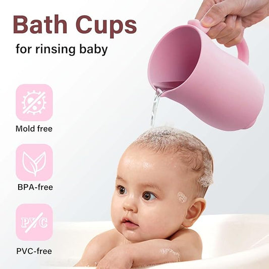 mandoo Baby Bath Rinse Cup - Food Grade Silicone - Shampoo & Body Washing Rinser Cup for Kids with Easy Grip Handle to Rinse Baby Shampoo and Soap - Baby Essentials (Mint+Brush)