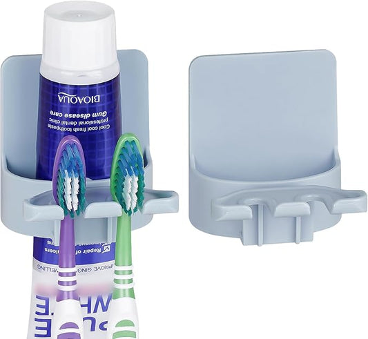 2 PCS Self-Adhesive Toothbrush Holders Wall Mounted, Water Proof Toothbrush Hook, 3 in 1 with Toothbrush Hanger Toothpaste Holder and Gargle Cup Holder for Bathroom Shower (Blue)
