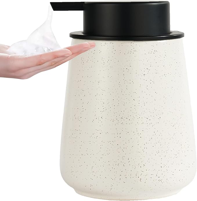 12Oz Foaming Soap Dispenser - Ceramic Foam Hand Soap Dispenser with Easy-to-Press Black Pump, Reusable and Refillable Lotion Dish Soap Dispensers for Bathroom & Kitchen, Speckled Matte Beige