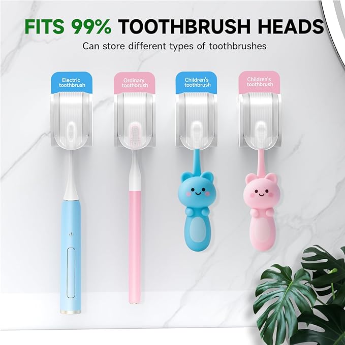 4 Pcs Toothbrush Holders Wall Mounted, Single Slot Design, Shower Self Adhesive Wall Mounted Toothbrush Holder with Cover, Waterproof and Dustproof, Suitable for Bathroom, Family, Travel (Transparent)