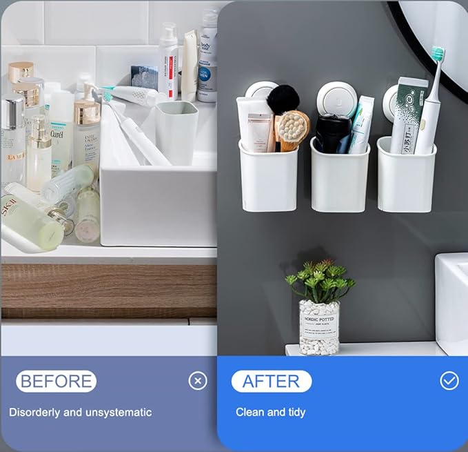 LEVERLOC Powerful Suction Toothbrush Holder, Removable Drill-Free Wall Shower Holder for Toothbrush, Toothpaste, Razor, Self-draining Suction Cup in Shower, Kitchen Tableware Organizer, White, 2 Pack