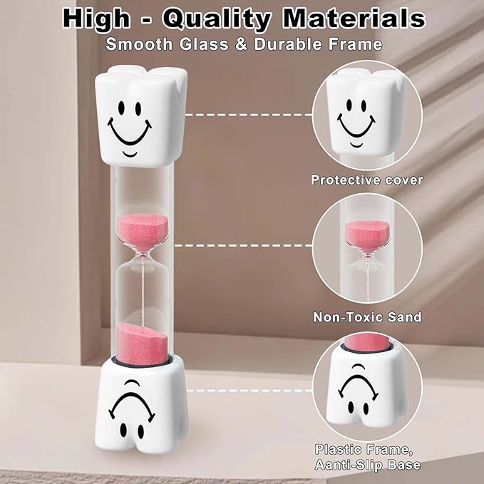2 Minute Toothbrush Sand Timer for Kids, Small Pink Smiley Acrylic Hourglass Sand Clock Set 2min, Plastic Glass Mini Sandglass for Classroom Games Kitchen (Pack of 2)