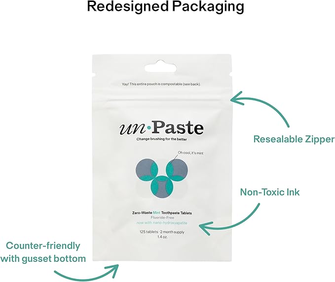 Now w/Nano-HYDROXYAPATITE, New Formula, Unpaste Toothpaste Tablets, Fluoride-Free Mint Remineralizing Tablet, Xylitol Free, Vegan, Plastic Free, Travel-Friendly, Resealable Packet, 125ct/2 mo Supply