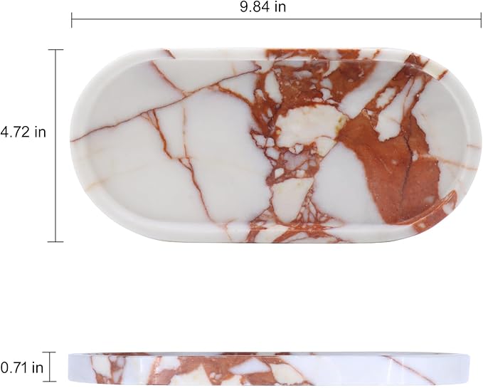 Natural Marble Tray, Oval Vanity Decorative Tray for Bathroom Counter, Countertop Stone Organizer, Catchall Tray for Kitchen, Perfume, Candles, Jewelry Dish Decorative Tray