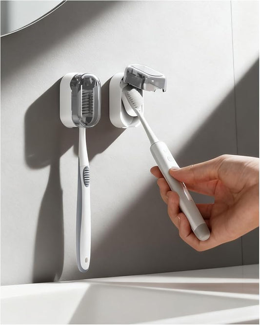 Toothbrush Holder with Auto-Close Cover – Waterproof, Dust-Proof Tooth Brush Hanger Rack for Electric Toothbrushes, 3-Pack No Drill Wall-Mounted Toothbrushes Organizer - Grey