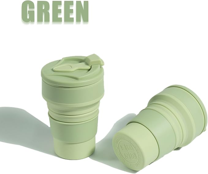 Collapsible Cup for Traveling, 12Oz Collapsible Silicone Travel Cup for Hot and Cold Drinks, Leak Proof Reusable Folding Travel Coffee Mug for Camping & Hiking, Green