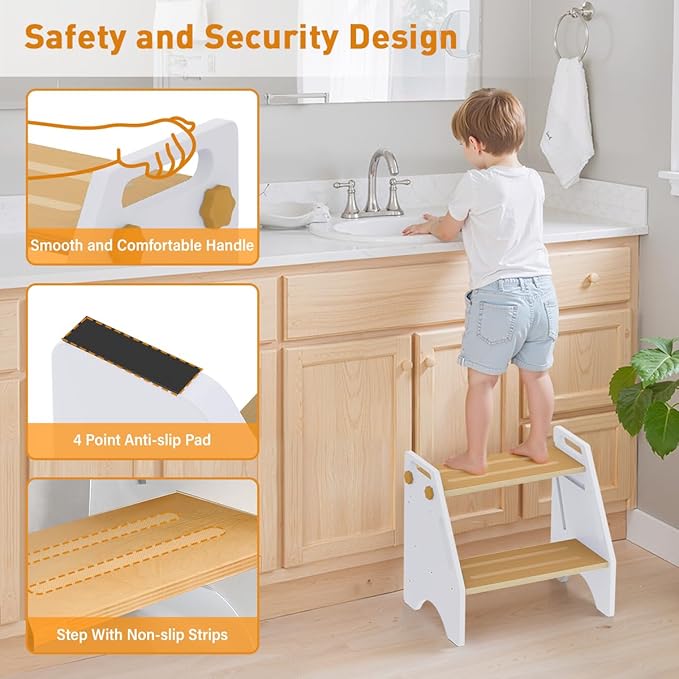 Toddler Step Stool, Wooden Height-Adjustable 2 Step Stool for Kids, 2 in 1 Potty Training Stool with Safety Handles Non-Slip Pads for Bathroom Sink, Kitchen, Bedroom (White)