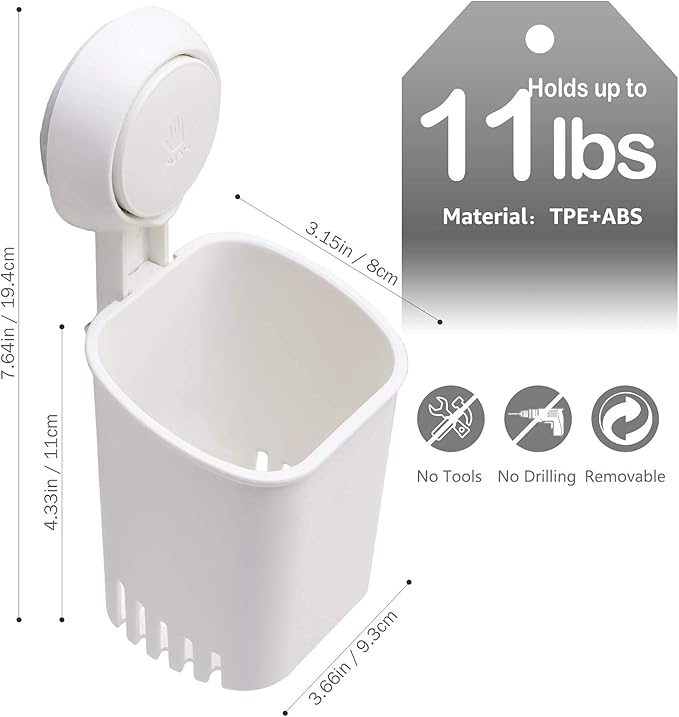 LEVERLOC Powerful Suction Cup Toothbrush Holder, Drill-Free Wall Shower Holder for Toothbrush, Toothpaste, Razor, Removable Suction Cup in Shower, Self-draining Kitchen Tableware Organizer, White