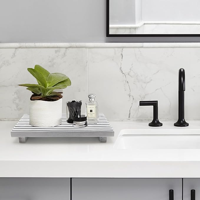 Rustic Bathroom Counter Tray Wood Display Pedesta Stand White Kitchen Countertop Trays Decorative Wooden Riser Dish Soap Dispenser Holder for Bathroom Sink Accessories Kitchen Decor Vanity Tray