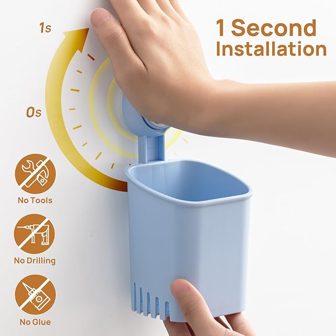 LEVERLOC Powerful Suction Cup Toothbrush Holder, Drill-Free Wall Shower Holder for Toothbrush, Toothpaste, Razor, Self-draining Kitchen Tableware Organizer, Removable Suction Cup in Shower, Blue